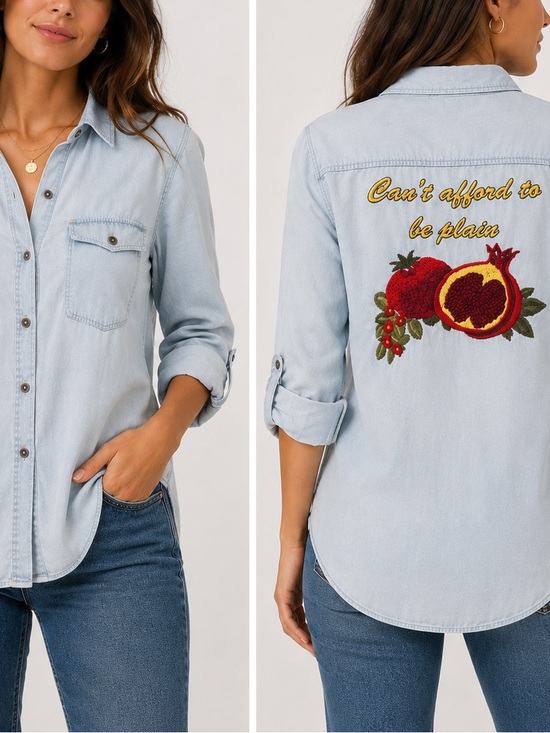 Zara Tops - Zara Basic Embroidered Chambray Button Down Shirt XS Pomegranate Boho